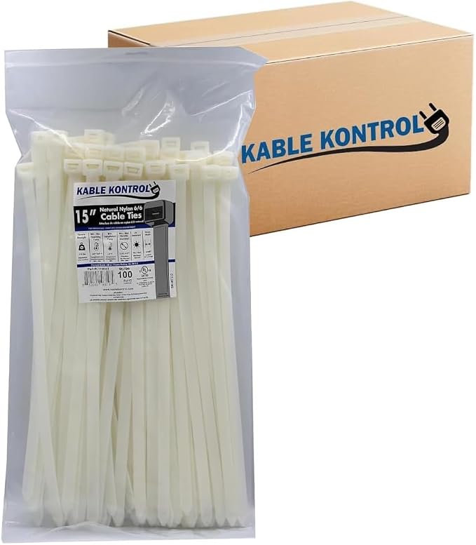 Kable Kontrol Cable Zip Ties, 15 Inch 1500 Pcs HD 250lbs Test Natural White | Nylon Plastic, Self Locking, UL Listed, Indoor Use