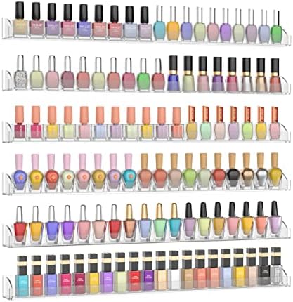 24 Inch Clear Nail Polish Wall Rack with Removable End Caps Set of 6, Acrylic Nail Polish Organizer Wall Mounted,Nail Polish Sorage Shelves for 150 Bottles (24 Inch)