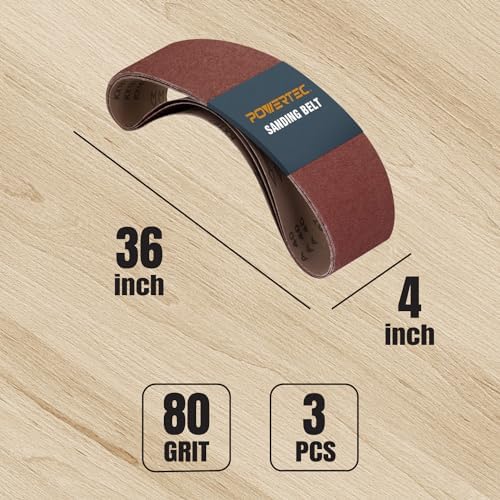 POWERTEC 3PK 4x36 Sanding Belts, 80 Grit Aluminum Oxide, 4 x 36 Inch Sanding Belts for Benchtop Belt and Disc Sander, Belt Sandpaper, Woodworking, Metalworking, Paint, Rust Removal (110683)