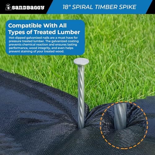 18" Spiral Landscape Timber Spikes - Galvanized Steel Nails - 1 Gauge Steel - Sandbaggy (18 inch, 300, Count)