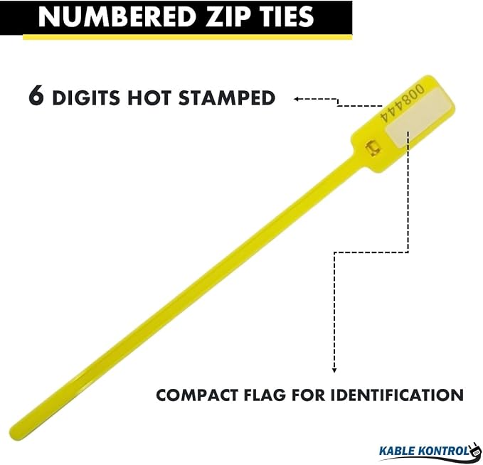 Kable Kontrol Serialized Write-On Flag Zip Ties, 6 Inch 100 Pcs – Yellow | Numbered Cable Ties with Narrow Flag Writable ID Tag Nylon Self-Locking Wire Marker Labels & Tie Straps