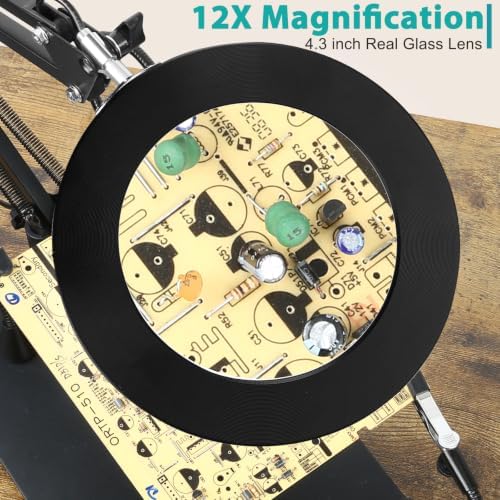 Helping Hands Soldering Station, 12X Magnifying Glass with Light with Phone Holder, 4 Magnetic Third Hand Soldering Tool, PCB Holder Magnifier Desk Lamp for Soldering Repair Jewelry Crafts