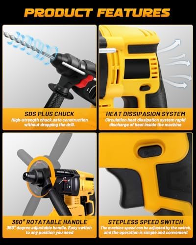 Cordless SDS Hammer Drill for Dewalt 20V MAX Battery, Brushless Rotary Hammer Drill with Safety Clutch for Concrete/Masonry (No Battery)