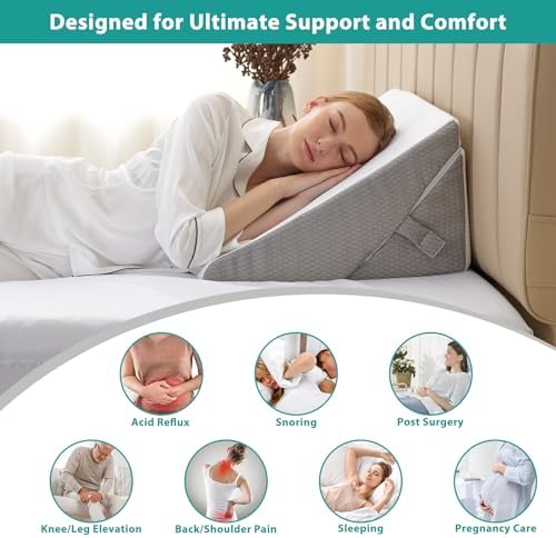 Bedluxe Wedge Pillow for Sleeping, Adjustable 9&12 Inch Foldable Bed Wedge Pillow Set, Orthopedic Memory Foam Triangle Pillows Wedge, 7-in-1 Elevated Pillows for Leg and Back Support, White/Grey