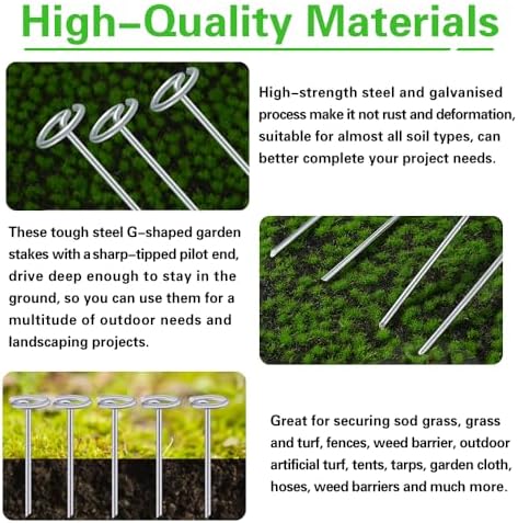 Bakulyor 200Pcs Circle Top Landscape Staples, 6 Inch Garden Stake 9 Gauge Galvanized Landscape Fabric Stakes, Heavy Duty Yard Ground Pins for Outdoor Gardening Weed Barrier Sod Fabric - Silver 6"
