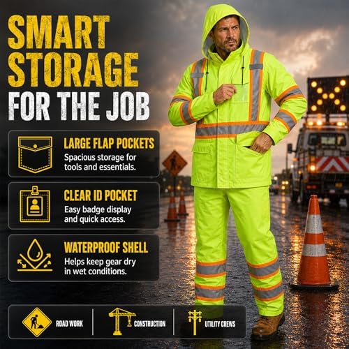 FATONE Rain Suits for Men Waterproof Reflective High Visibility Rain Gear Mens Heavy Duty, Hi Vis Rain Jacket & Pants with Inner Mesh Class 3 ANSI/ISEA Compliant, Lime S/M