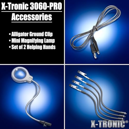 X-Tronic 3060-PRO - 75 Watt Soldering Iron Station with Mini Mag Lamp & 4 Helping Hands - 2 Digital LED Displays, 3 Temp Presets, Sleep Func, C/F Func, Brass Sponge w/Flux & Wet Sponge