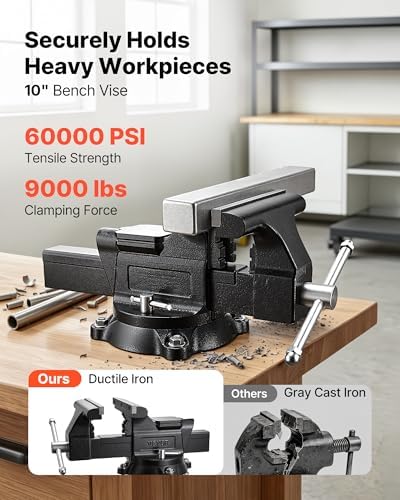 VEVOR Heavy Duty Bench Vise, 10" Jaw Width, Multi-Purpose Ductile Iron Bench Vise with Anvil and 360-Degree Locking Swivel Base, 4.3" Throat Depth, 10" Max Jaw Opening, for Drilling, Pipe Cutting