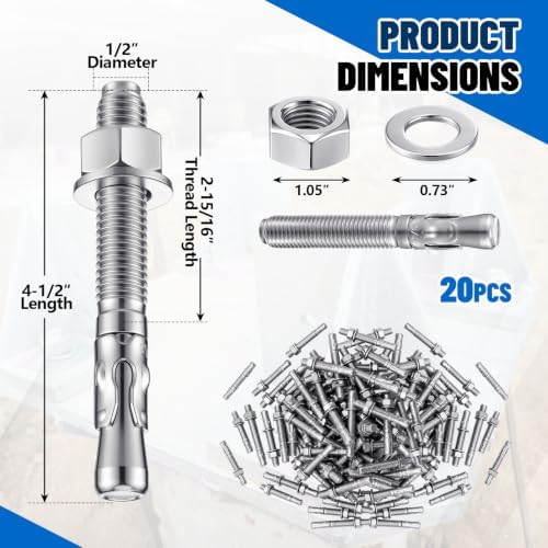 Moxweyeni 20 Pcs 1/2" X 4-1/2" Zinc Plated Wedge Anchors for Concrete