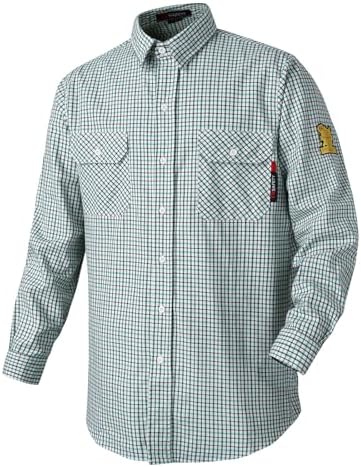 FR Shirts for Men 7oz Fire Resistant Shirts CAT2 Welding Shirt 100% Cotton Flame Resistant Shirt Greens/Plaid(X-Large)