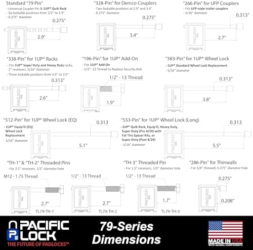 PACLOCK's 79-Series Universal Trailer Lock, UCS, 383" Pin for 1UP® Wheel Lock (QR/HD), Keyed Alike U-Pick!, 304 Stainless Steel