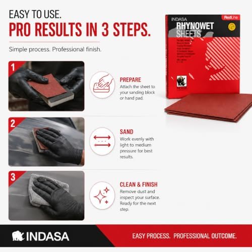INDASA Rhynowet Red Line Wet Dry Sanding Sheets 9 x 11 Inch 400 Grit Waterproof Latex Backing Abrasive Paper for Wood Metal Automotive Surface Prep Pack of 50
