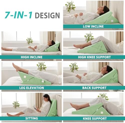 Bedluxe Wedge Pillow for Sleeping, Adjustable 9&12 Inch Foldable Bed Wedge Pillow Set, Orthopedic Memory Foam Triangle Pillows Wedge, 7-in-1 Elevated Pillows for Leg and Back Support, Green