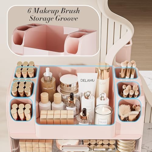 Delamu Large Makeup Organizer Countertop with 6 Brush Holders, Pink