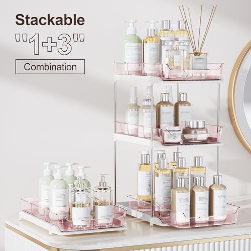 Delamu 2-Tier Multi-Purpose Bathroom Under Sink Organizers and Storage, Stackable Kitchen Pantry Organization, Pull Out Medicine Cabinet Organizer with Movable Dividers, Light Pink, 2 Pack