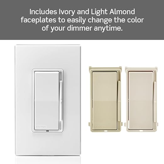 Leviton Decora Slide Dimmer Switch for Dimmable LED, Halogen and Incandescent Bulbs, DSL06-1LZ, White with Ivory and Light Almond Faceplates