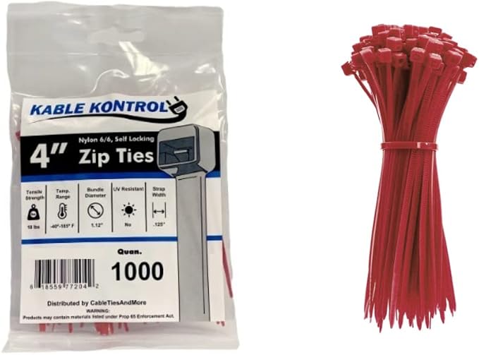 Kable Kontrol Cable Zip Ties, 4 Inch, 1000 Pcs, 18lbs Test, Red | Nylon Plastic, Self Locking, UL Listed, Indoor Use