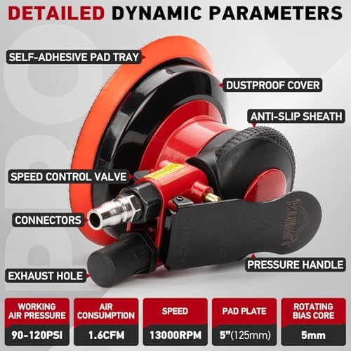 Professional 5" Dual Action Random Orbit Air Sander, Pneumatic Palm Sander, Low Vibration, Heavy Duty