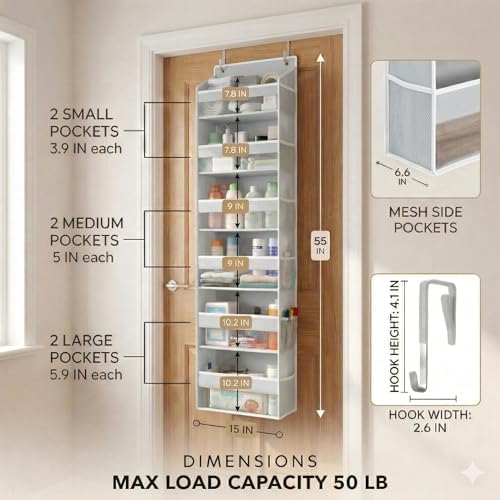 HOMELUX THEORY Over the Door Organizer, 6-Tier, 100D Fabric, Light Gray 2pc