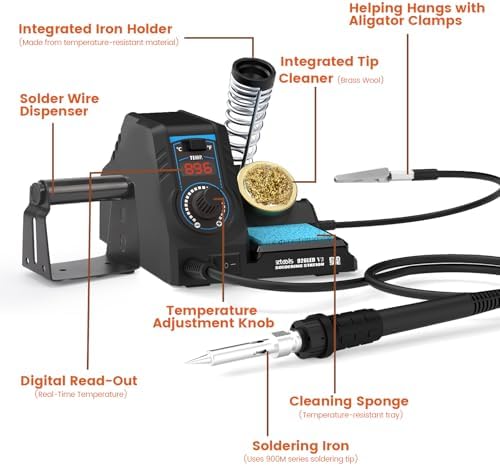 926LED V3 Entry-Level 60W Soldering Station Iron Kit in Black with Temperature Control includes Helping Hands, Lead-Free Solder, 6 Soldering Tips, ESD-Safe Tweezers, Sleep Mode