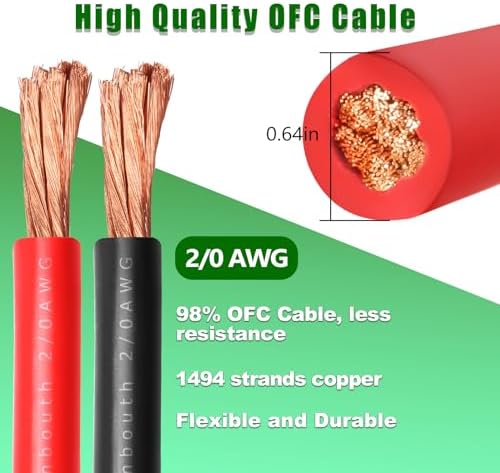 2/0 Gauge Battery Cable Copper Wire, 3FT Red + 3FT Black