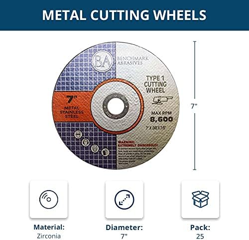 Benchmark Abrasives 7 Inch Aluminum Oxide Thin Type 1 Grinder Cut Off Wheels for Metal and Stainless Steel .045" Thick 7/8" Arbor, Angle Grinder Cutting Disc, Grinding Cutting Wheel - 25 Pack