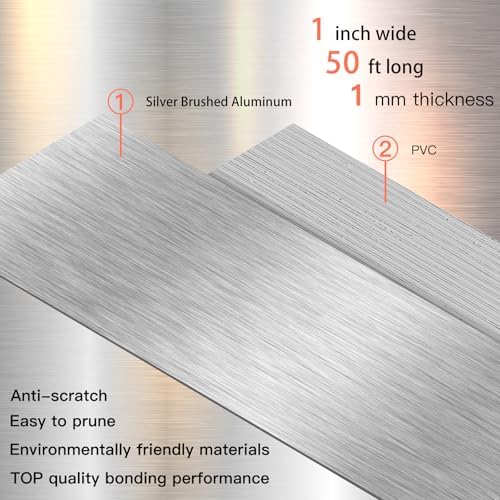 GSCIT Club Silver Edge Banding, 1 Inch x 50ft Aluminum Brushed Edge Banding PVC Edge Trim for Cabinet Repair Furniture