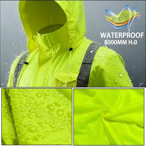 Hi Vis Class 3 Safety Rain Jacket for Men Waterproof, Reflective High Visibility Rain Gear Construction Rain Suit (Yellow 4XL/5XL)