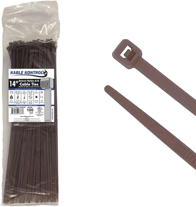 Kable Kontrol Cable Zip Ties, 14 Inch, 100 Pcs, 50lbs Test, Brown | Nylon Plastic, Self Locking, UL Listed, Indoor Use