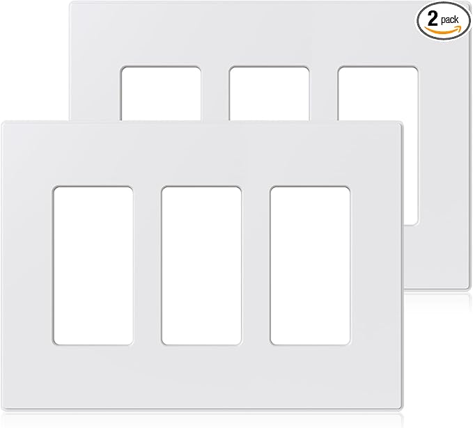 ELEGRP 3-Gang Screwless Decorative Wall Plates, Mid-Size Unbreakable Thermoplastic Faceplate Cover for Decorator Receptacle Outlet Switch, UL Listed (2 Pack, Matte White)