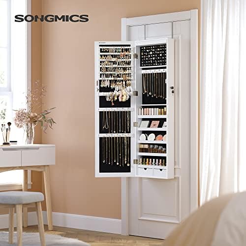 SONGMICS 6 LEDs Mirror Jewelry Cabinet, 47.2-Inch Tall Lockable Wall or Door Mounted Jewelry Armoire Organizer with Mirror, 2 Drawers, 3.9 x 14.6 x 47.2 Inches, White UJJC93W
