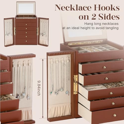 Dajasan Large Jewelry Organizer Box, 6-Tier Jewelry Storage Case with 5 Drawers, Jewelry Boxes for Women Girls with Mirror, Double Door, Textured PU Leather, Gift Idea, Stylish (Brown + Gold)