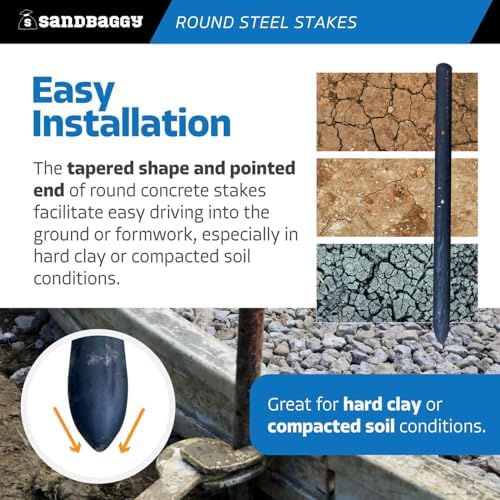 Sandbaggy 12 Inch Round Steel Concrete Form Stakes with Nail Holes, Heavy Duty Rust Resistant Form Pins for Concrete Forms, Slabs, Driveways, Sidewalks, Curbs & Footings, 80 Pack, 3/4 in x 12 in