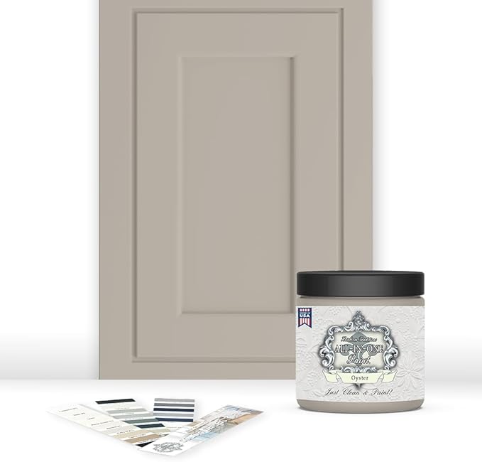ALL-IN-ONE Paint by Heirloom Traditions, Oyster (Neutral Taupe), 8oz Sample - Durable cabinet and furniture paint. Built in primer and top coat, no sanding needed. Includes our 30 featured color card.