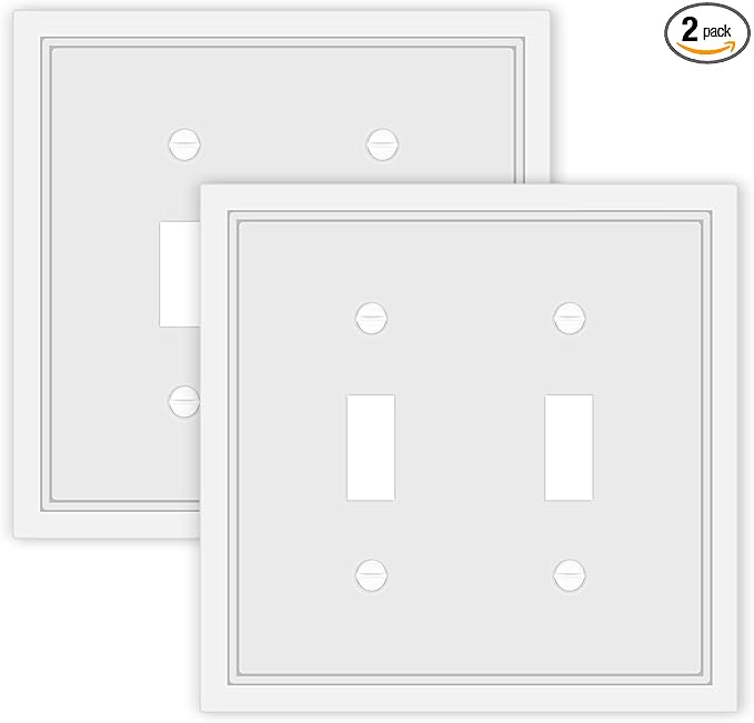 Double Toggle Light Switch Cover Plate White Classic Decorative Light Switch Plates Cover 2 Gang Wall Plate Switch Cover, 2 Pack