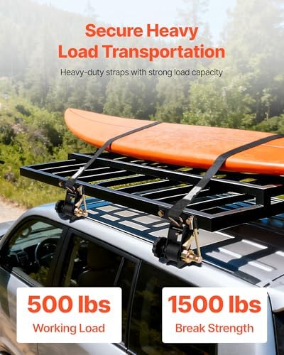 VEVOR Ladder Rack Ratchet Straps, 1.4" Black Square Tube Mount, 1.5'' Wide x 7.5' Long Black Ladder Rack Straps with Double J-Hooks, 500 lbs Load Heavy Duty, Cargo Buckle Lock Strap (4 Pack)
