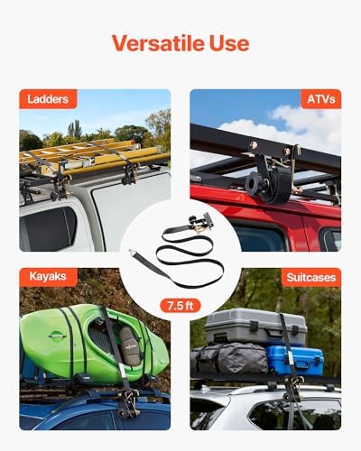 VEVOR Ladder Rack Ratchet Straps, 1.4" Black Square Tube Mount, 1.5'' Wide x 7.5' Long Black Ladder Rack Straps with Double J-Hooks, 500 lbs Load Heavy Duty, Cargo Buckle Lock Strap (4 Pack)