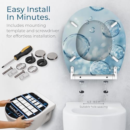 Sanilo Wooden Toilet Seat with Quick Release & Soft Close [ROUND] - Decorative & Slow Close Molded Wood Seat - With One Click for Easy Installation & Cleaning - With Adjustable Fit (Bubbles)