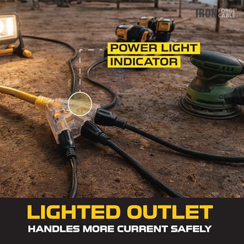 IRON FORGE CABLE 25 Foot Lighted Outdoor Extension Cord with 3 Electrical Power Outlets - 12/3 SJTW Heavy Duty Yellow Extension Cable with 3 Prong Grounded Plug for Safety, 15 AMP