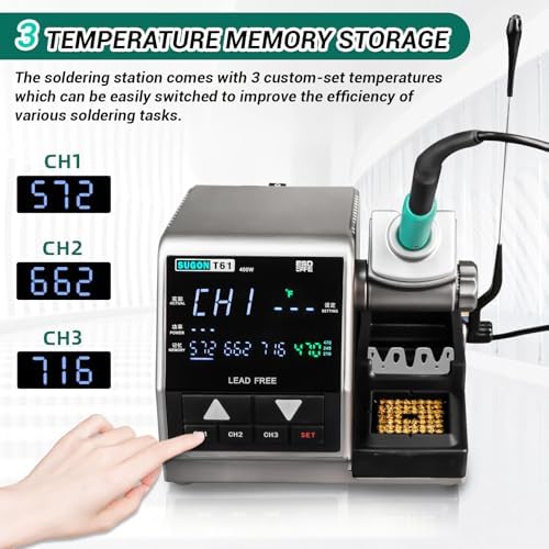 SUGON T61 400W Digital Soldering Iron Station, with C470 & C245 Handles and 6 Soldering Tips, 212°F-932°F, 2S Fast Heat, Sleep Mode, 3 Preset Channels, °C/°F, Tip Change Slots, Cleaning Sponge, LCD