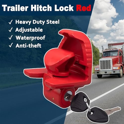 Trailer Hitch Locks with Keys, Universal Size Fit 1-7/8,2-5/16,2 Inch Ball Hitch Coupler Lock, Adjustable Heavy Duty Steel Trailer Tongue Lock for Boat, Trailers and RV, Anti-Theft Hitches, Red-1 Pack