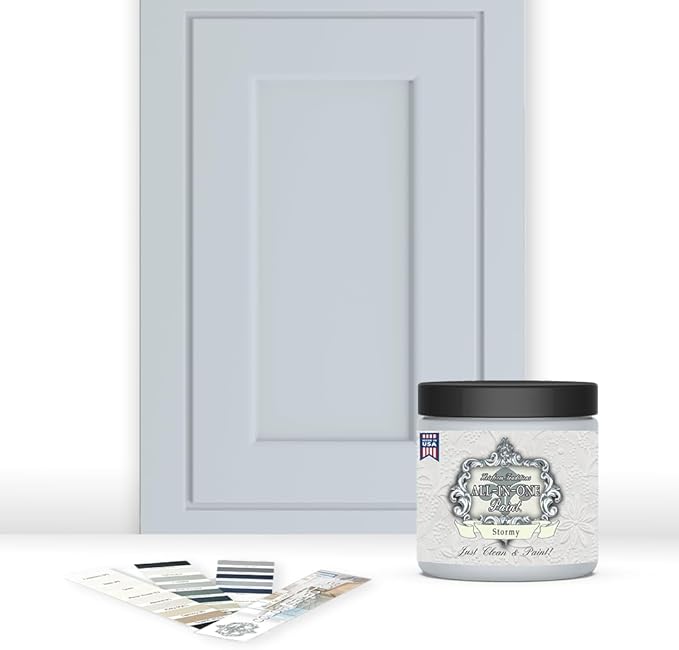 ALL-IN-ONE Paint by Heirloom Traditions, Stormy (Pastel Blue), 8oz Sample - Durable cabinet and furniture paint. Built in primer and top coat, no sanding needed. Includes our 30 featured color card.