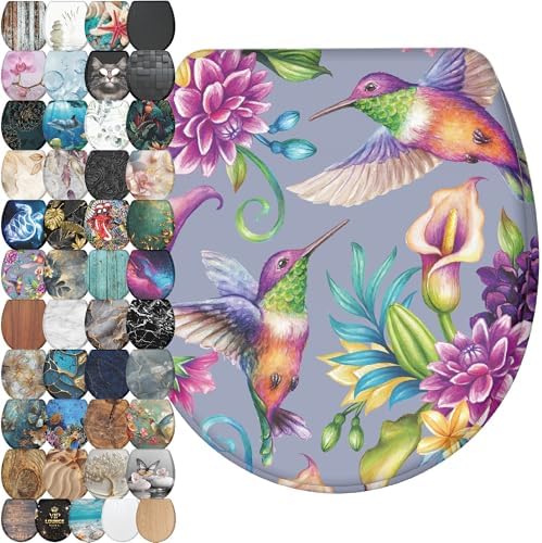Sanilo Wooden Toilet Seat with Quick Release & Soft Close [ROUND] - Decorative & Slow Close Molded Wood Seat - With One Click for Easy Installation & Cleaning - With Adjustable Fit (Hummingbird)
