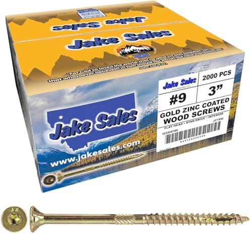 Jake Sales #9 x 3 Gold Star Wood Screw Torx/Star Drive Flat Head (Full Box - 2,000 Screw Count) - Multipurpose Torx/Star Drive Wood Screws