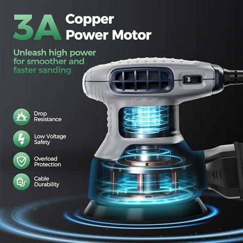 5-Inch Random Orbital Sander with Brake, 3Amp Electric Palm Sander 13000RPM