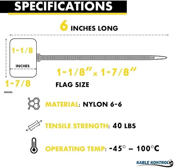Kable Kontrol Write-On Flag Identification Zip Ties 6 Inch 100 Pcs - Yellow | Cable Markers 1‑7/8" x 1‑1/8" Writable Wide Flag Self‑Locking Nylon Marker Cable Ties for Cable Labeling