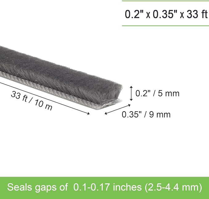 Self-Adhesive Weather Stripping Seal for Doors & Windows – Soundproof Insulation Gap Filler for Sliding, Exterior, Front, and Jamb Frames – 0.2" x 0.35" x 33 ft, Gray