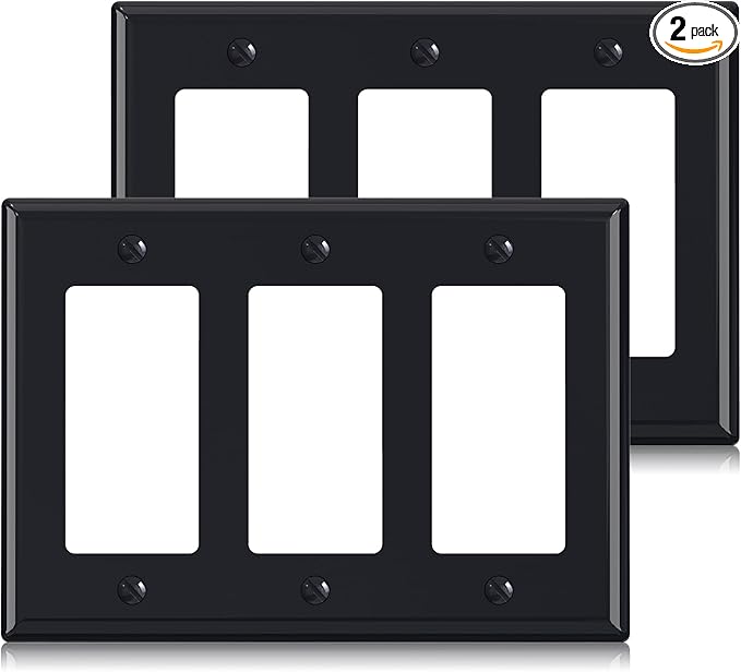 ELEGRP 3-Gang Decorative Wall Plates, Standard Size 4.53" H x 6.39" L Unbreakable Thermoplastic Faceplate Cover for Decorator Receptacle Outlet Switch, UL Listed (2 Pack, Glossy Black)