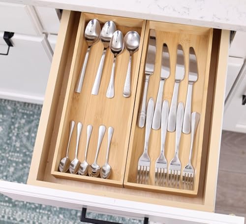 Fabsome Kitchen Utensil Drawer Organizer, Bamboo Silverware Cutlery Flatware Organizer Bins, Wooden Container Storage Trays for Bathroom Vanity Junk Drawer, 15" x 6" Set of 2