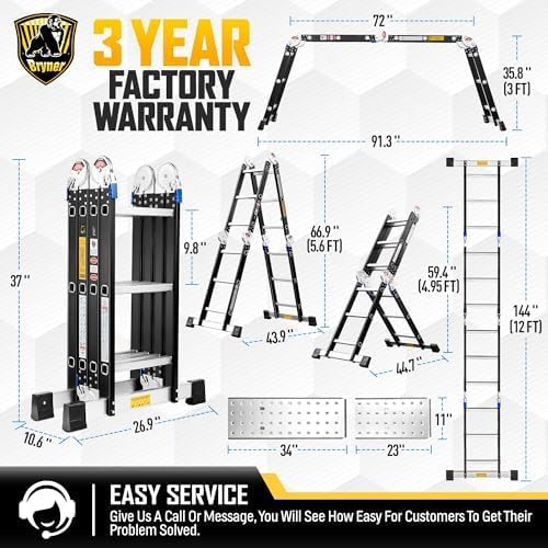 Step Ladder, Bryner Folding Ladder 19.6ft Multi-Purpose Aluminium Extension Ladders, 7 in 1 Folding Adjustable Telescoping Step Ladder 330lbs (12.0 Ft)